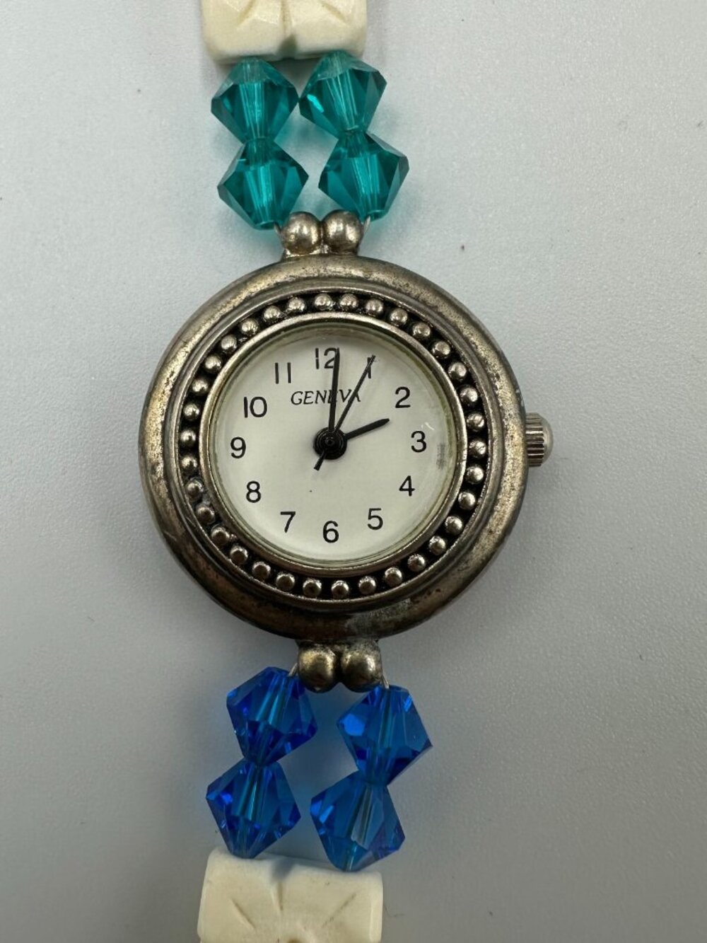 Geneva Watch Women Silver Tone White Carved Beaded Band Toggle Clasp 7.25 Inch